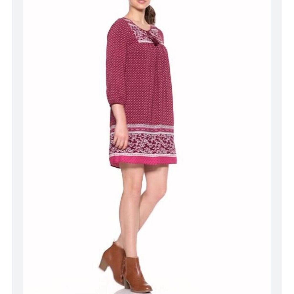 OLD NAVY Dress Women Medium Burgundy Red Printed Boho Shift NEW Tassels